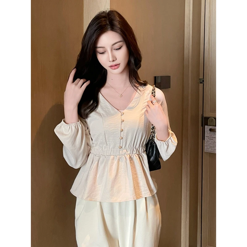 2025年秋装新款法式高级感荷叶边下摆长袖衬衫雪纺职业小衫女上衣