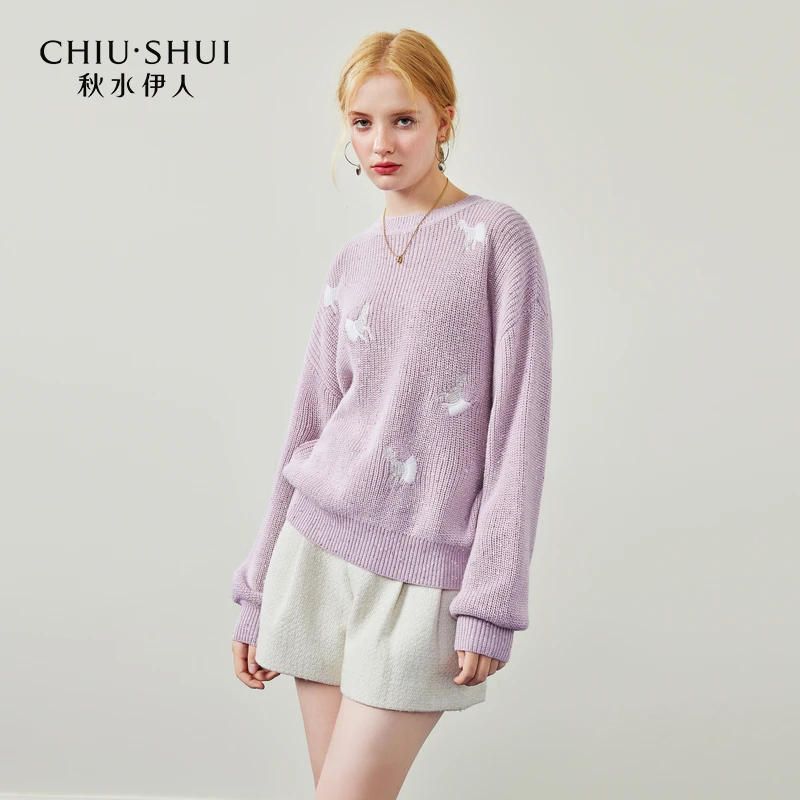【许半夏专属】秋水伊人简约大气圆领提花毛针织衫冬季年新款女