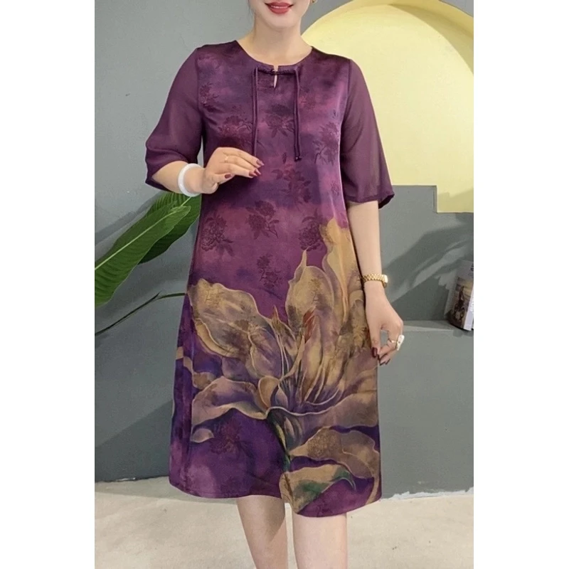 夏季新款百合花重磅提花国风复古圆领中长款优雅连衣裙气质裙子