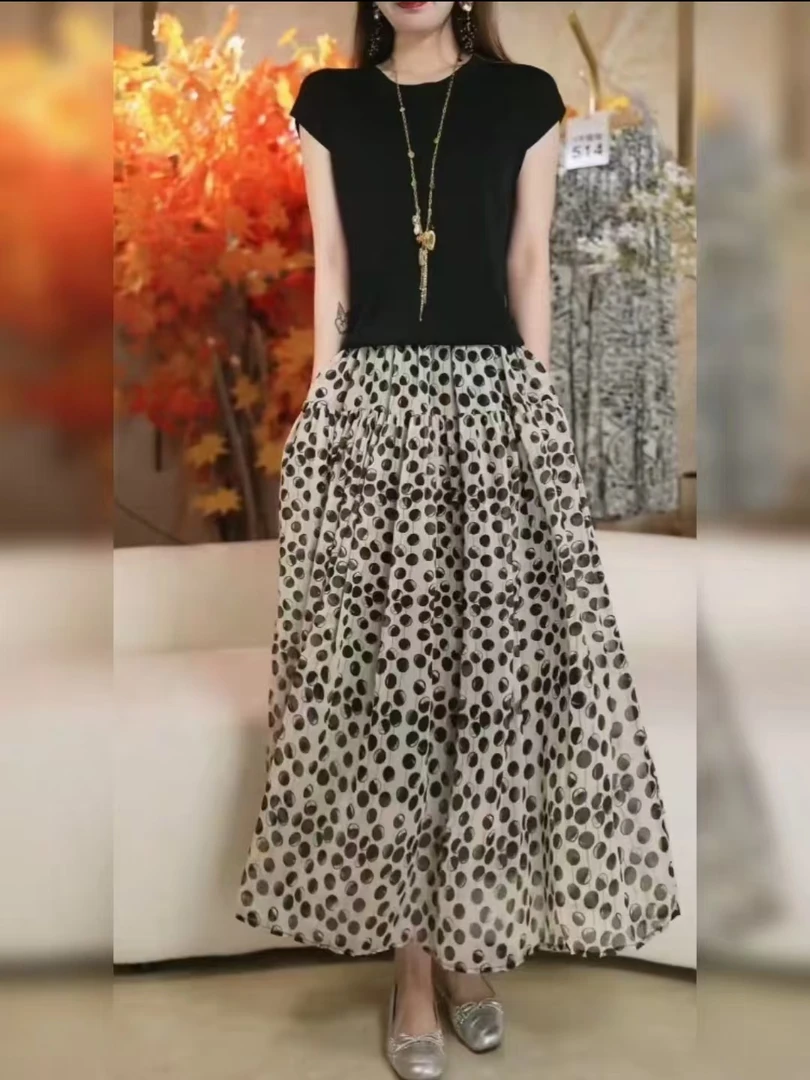 波点高腰长裙半身裙白色波点伞裙复古花色