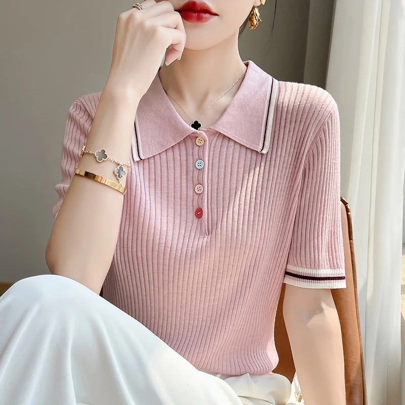 哥弟阿玛施正品夏季桑蚕丝短袖针织衫女彩扣娃娃领气质百搭显瘦