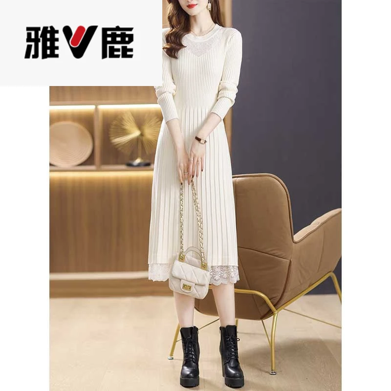 冬季配大衣长款过膝蕾丝连衣裙秋冬内搭修身打底毛