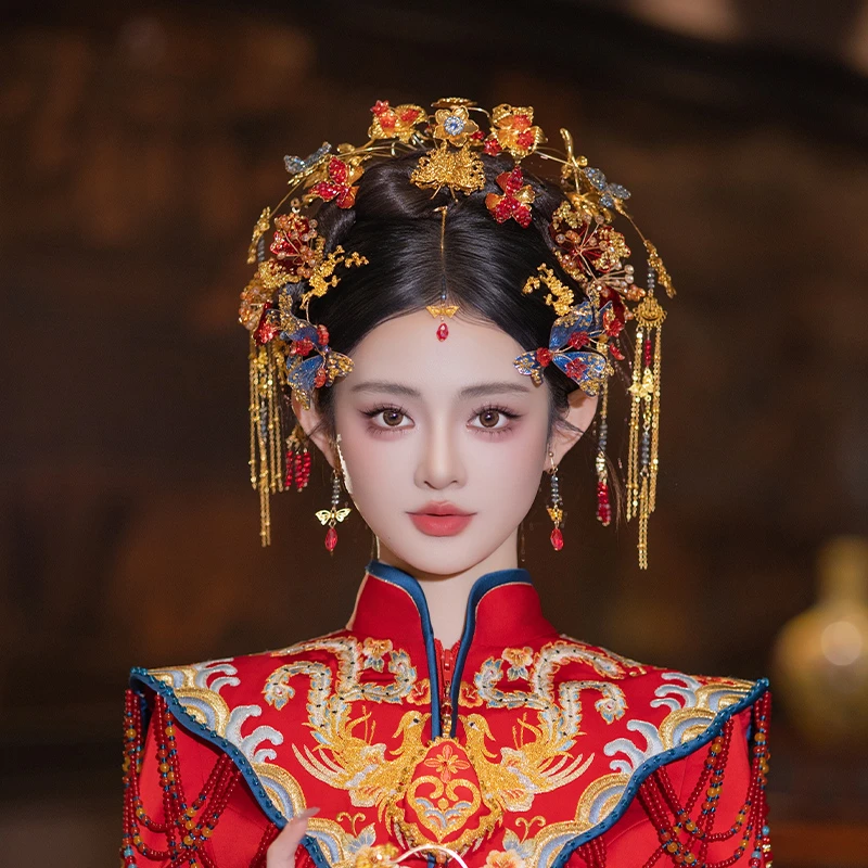 合金婚庆饰品 新娘秀禾头饰红蓝撞色蝴蝶花朵结婚龙凤褂发饰G0219