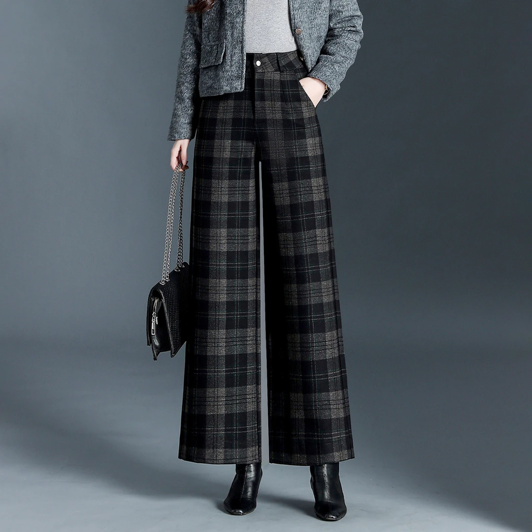 毛呢格子阔腿裤女九分休闲直筒裤秋冬新款高腰遮胯显瘦小个子长裤