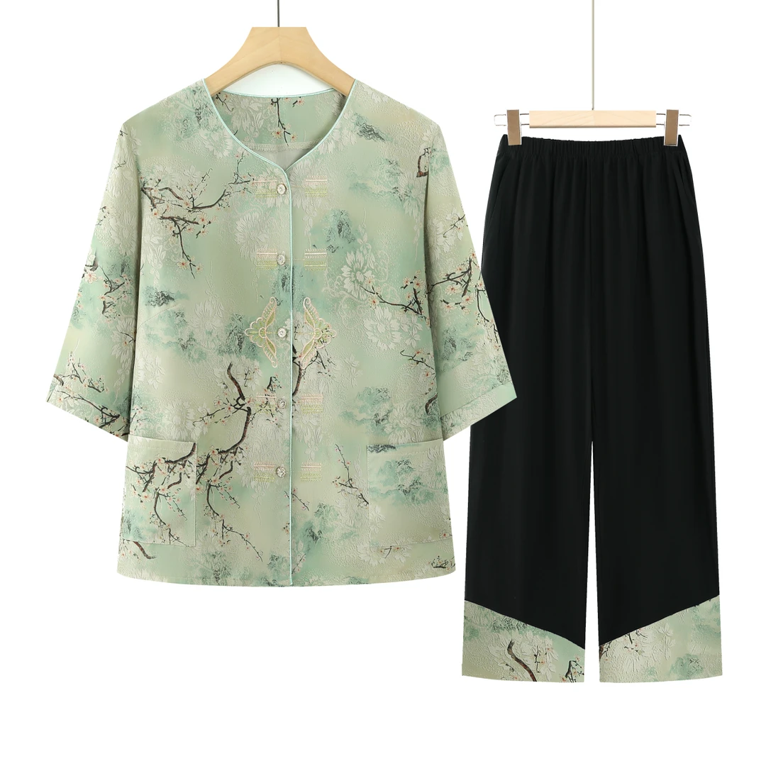 奶奶装夏季套装中老年人女装夏装妈妈薄款冰丝衬衫老人衣服两件套