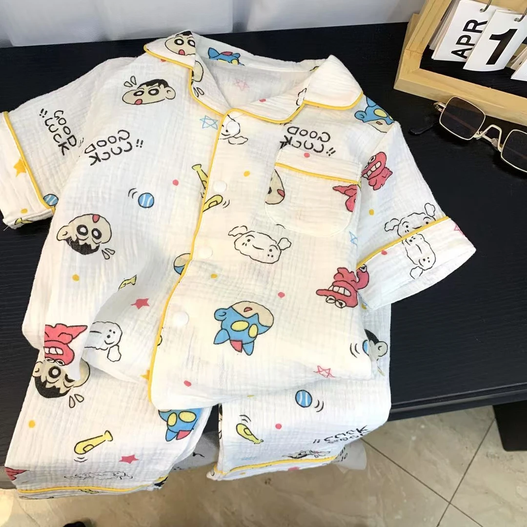 夏款卡通小新棉纱分体家居服 水印柔软透气睡衣家居服套装纯棉