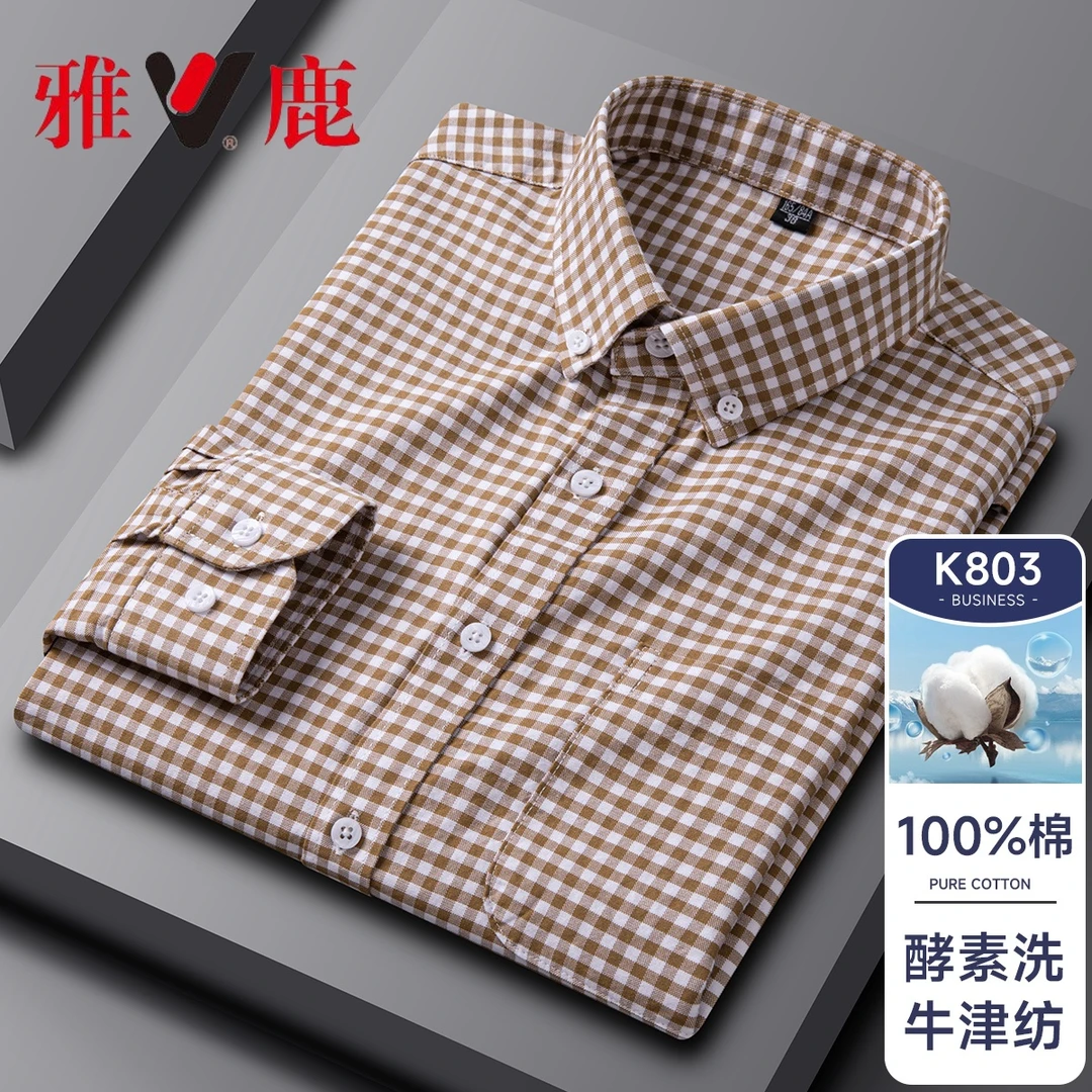 雅鹿格子方领不起球男士绿白格子衬衫韩版时尚黄格新中式抗皱男装