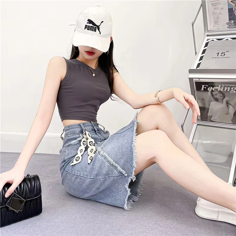 牛仔女式裙子2025年夏季新款高腰性感弹力半身裙显瘦毛边紧身