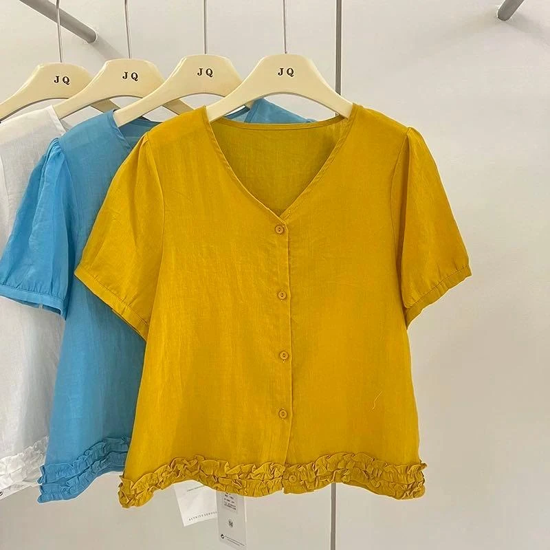 欧货V领木耳边麻料短袖衬衫9829