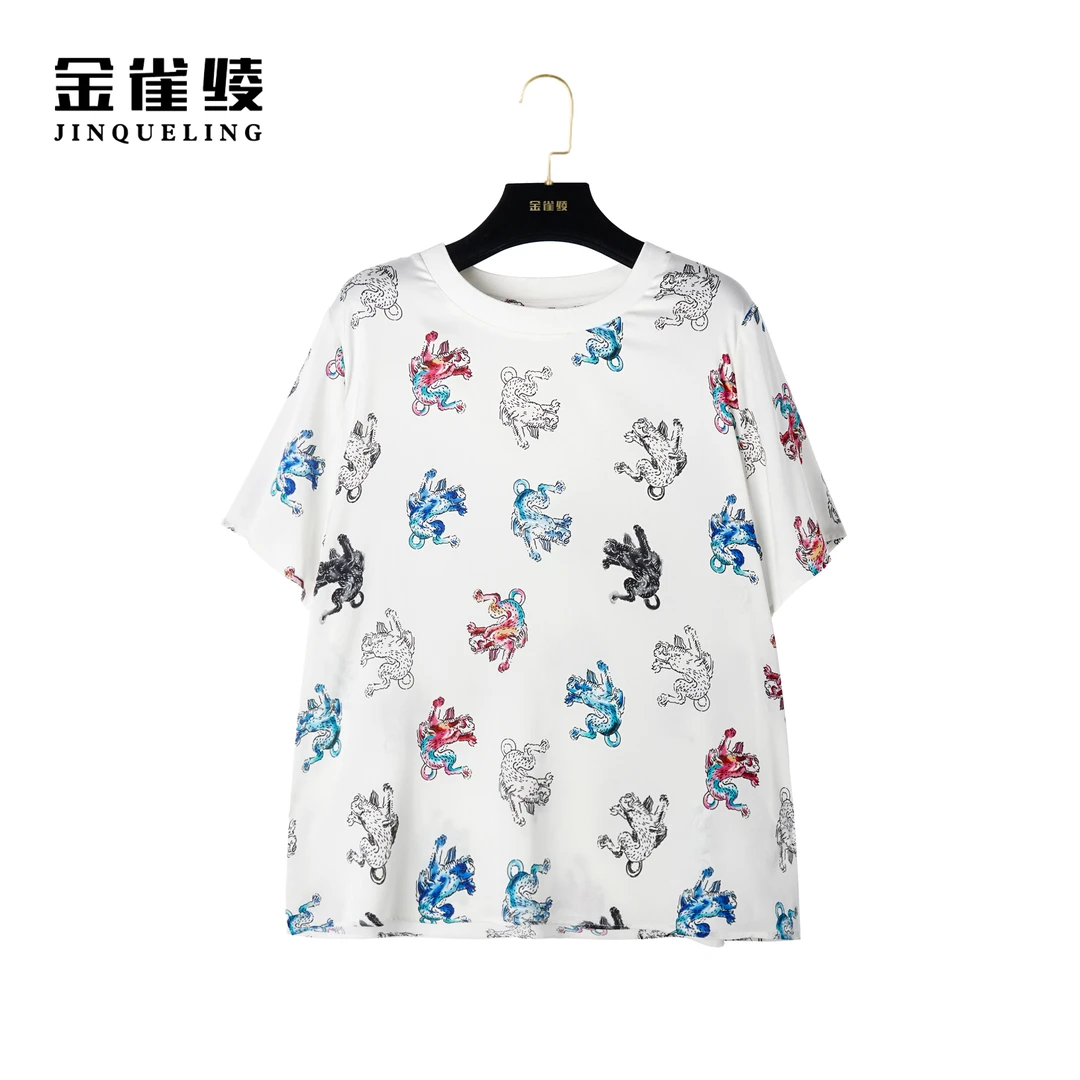 金雀绫【貔小貅】桑蚕丝新款宽松印花圆领上衣衫B23171