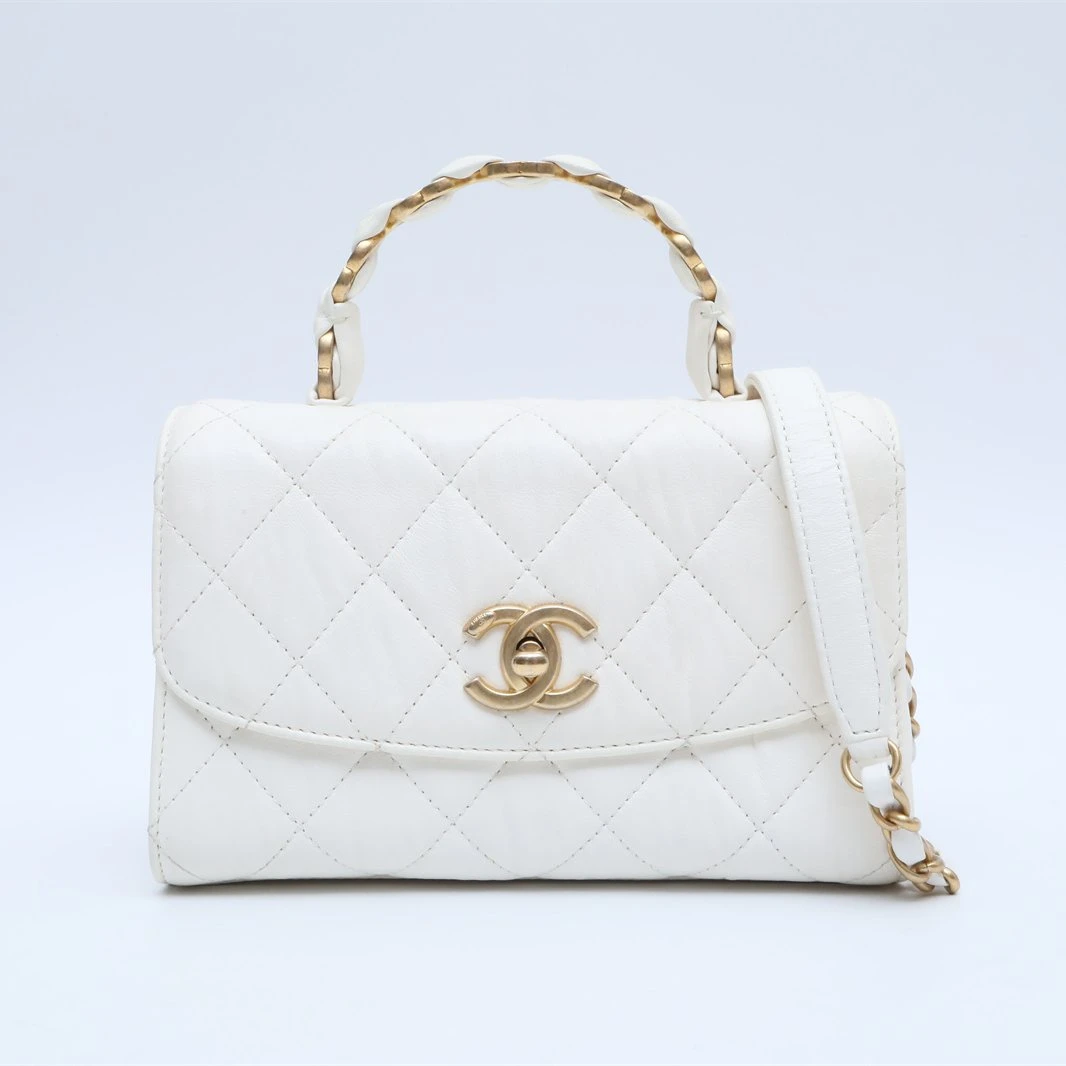 99新 Chanel/香奈儿 -100活动攀攀handle 小号羊皮白色皮革C 31开