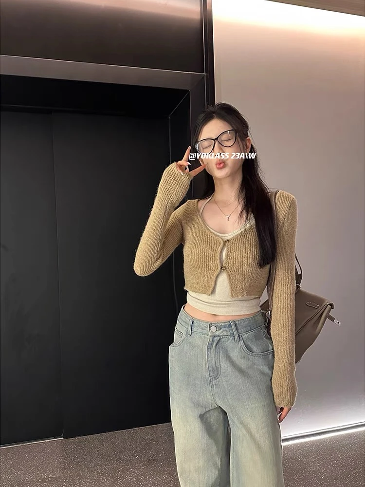 6323-1纯欲风时尚套装女秋装针织衫开衫性感修身吊带辣妹两件套