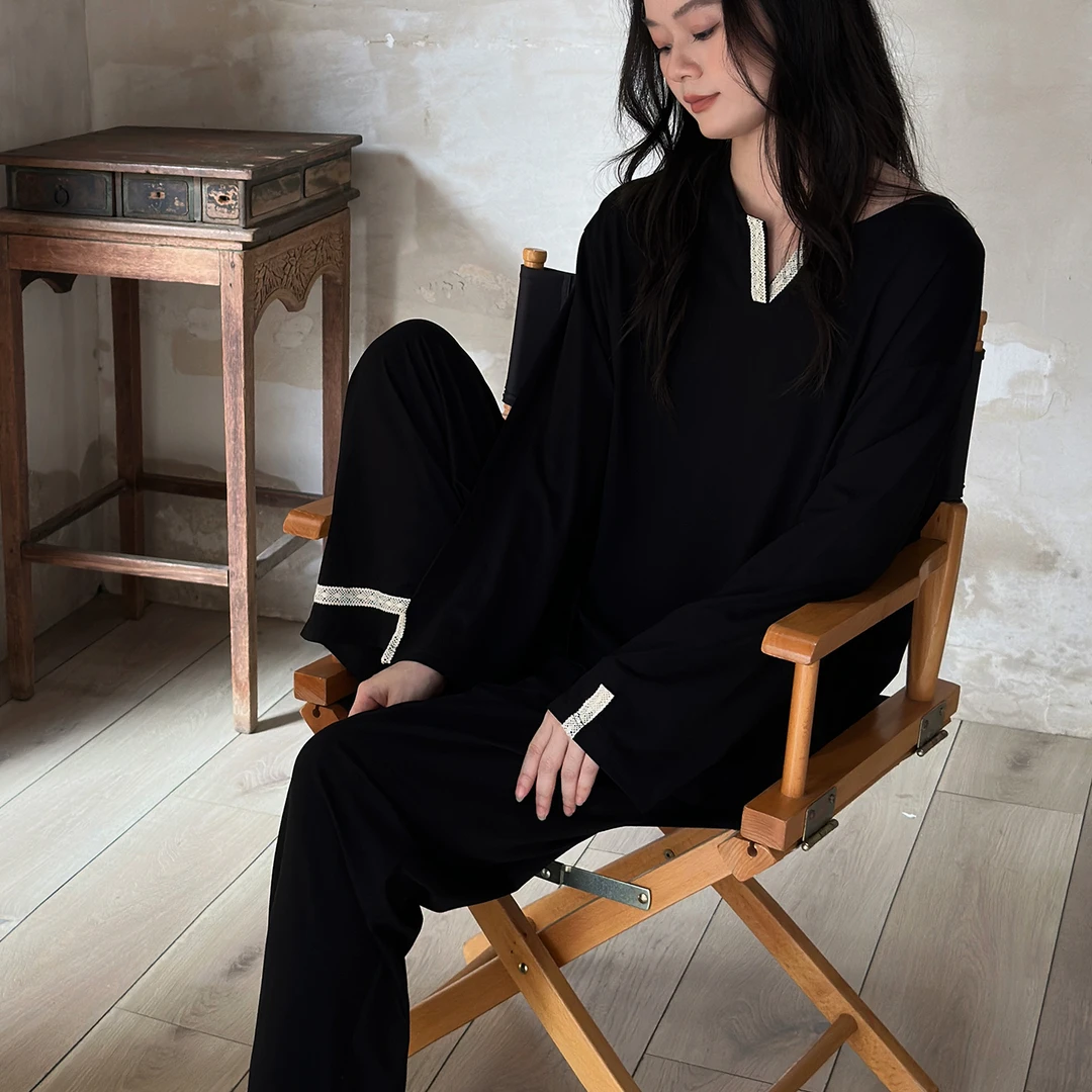 及好莫代尔棉睡衣女春秋款长袖家居服秋冬款可外穿黑色高级感套装