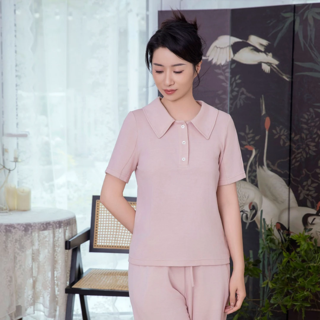 櫟丝御锦柞蚕丝女士半袖时尚显瘦减龄百搭款【粉色】