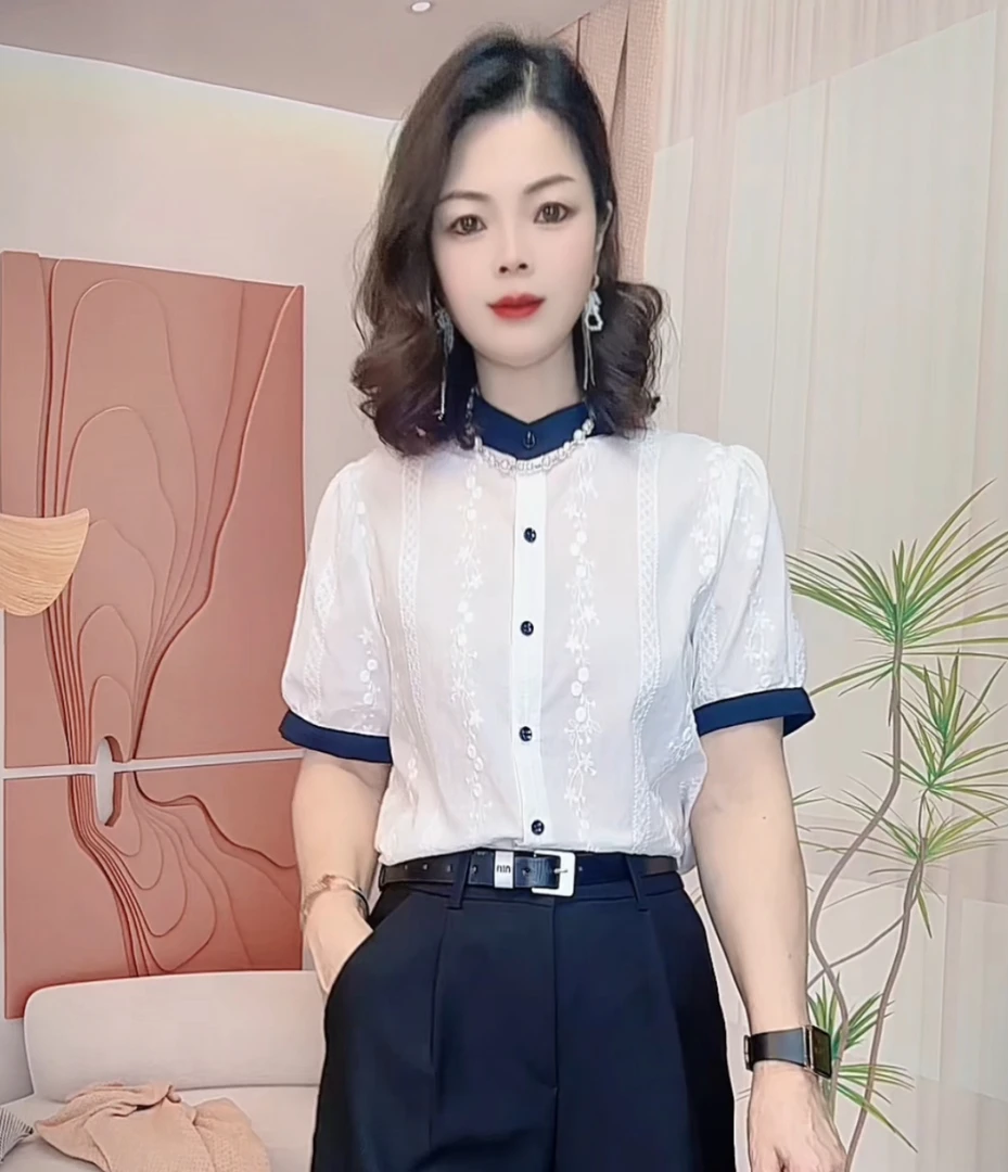韩熙家  2025白色泡泡袖衬衫女短袖宽松刺绣圆领洋气小衫上衣潮流