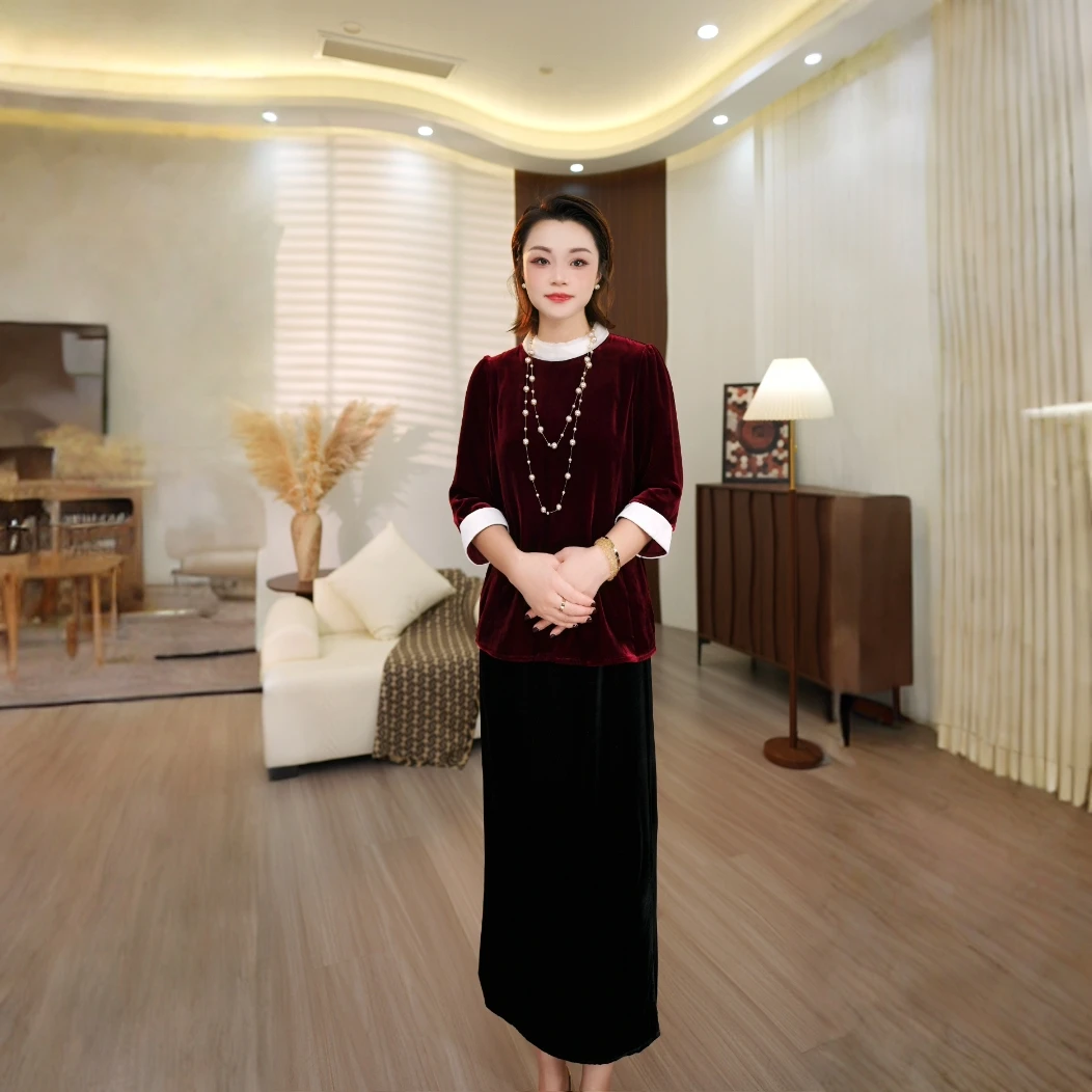 【娜姐专属】R5921真丝丝绒上衣女秋新款拼接显瘦通勤桑蚕丝小衫