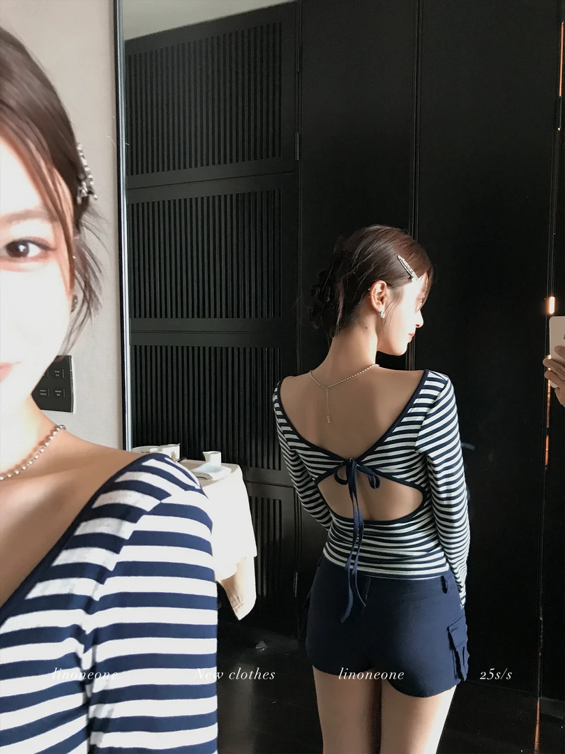 辣妹风绑带露背u领长袖T恤女秋季撞色条纹修身设计感紧身打底上衣