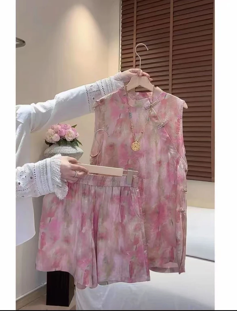 【清版 现货】夏季新中式国风套装女旗袍盘扣背心短裤两件套女