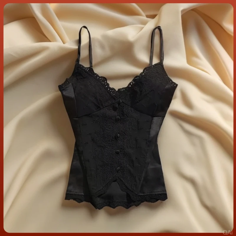 新中式蕾丝小吊带外穿黑色背心女轻奢国风修身纯欲上衣女打底美背