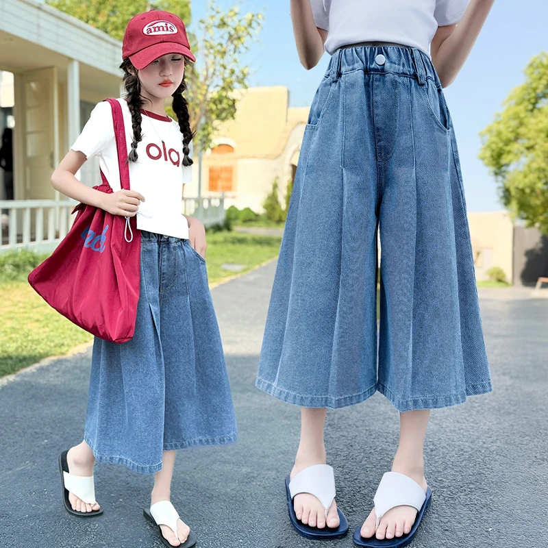 女童夏季牛仔裤子中大童6-12岁薄款宽松蓝色女孩新款七分夏款裙裤
