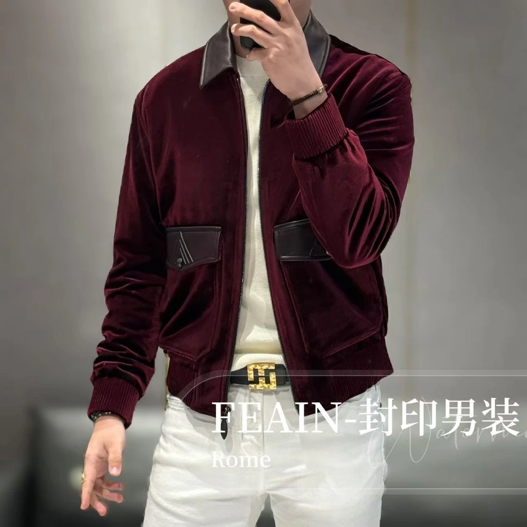 【雷迪凯奇】高端定制醋酸丝绒拼真皮拉链夹克8013