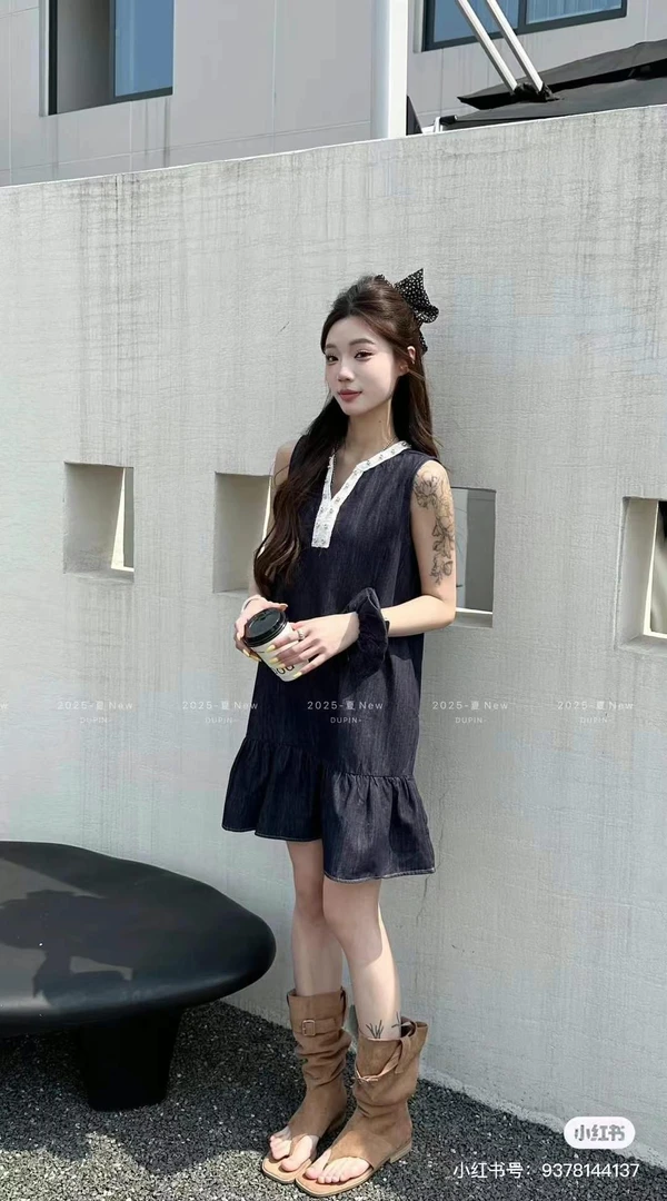 9187【裙长85】法式气质无袖背心裙女荷叶边连衣裙子