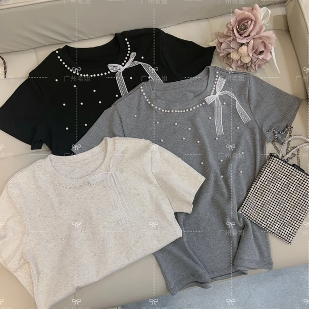 【钉珠蕾丝】手工珠子蝴蝶结减龄短袖T恤正肩打底衫女25春夏半袖