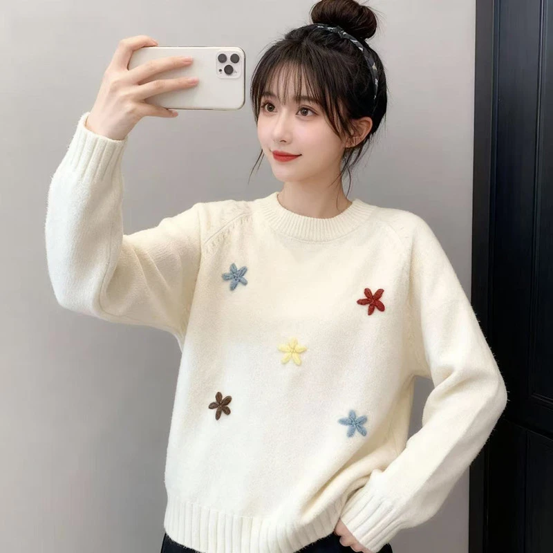 12初中学生圆领套头毛衣13岁女大童秋冬季短款针织衫15少女孩上衣