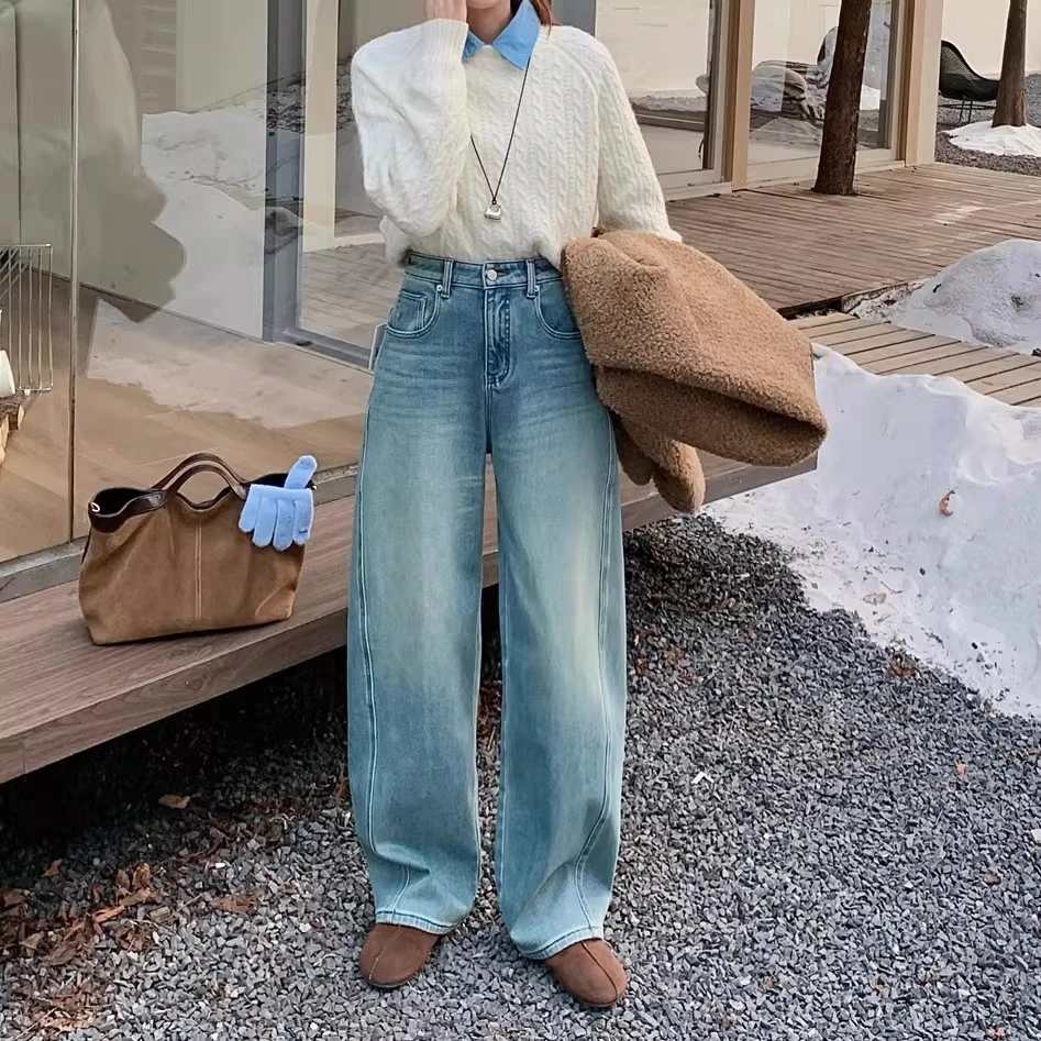 【过款3】冬季加绒阔腿弯刀裤浅色牛仔裤