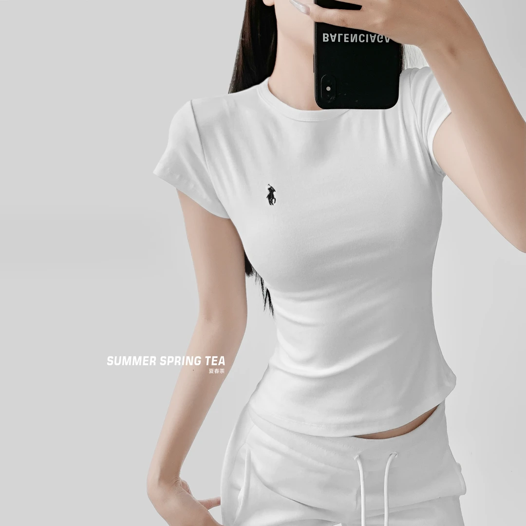 夏春茶港风正肩圆领短袖T恤女2025夏季修身显瘦气质简约上衣