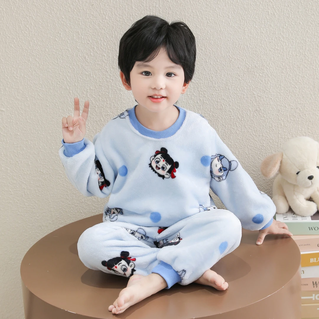 男童法兰绒哪吒新款睡衣秋冬款加厚珊瑚绒儿童宝宝卡通家居服套装