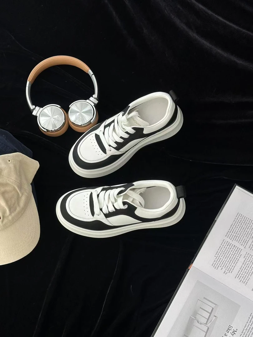 超隐形【9cm】厚底增高系带黑白百搭透气运动真皮休闲板鞋女