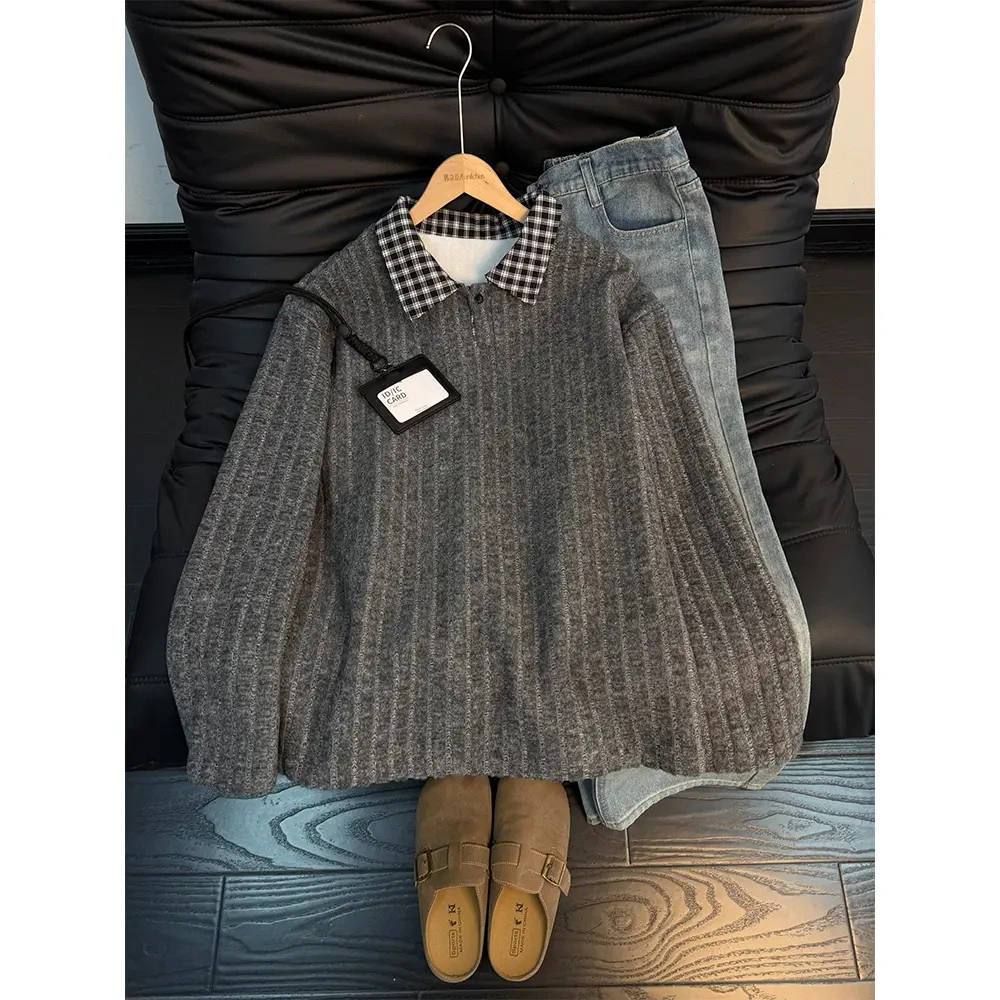 假两件拼接格子卫衣男款秋冬季情侣加绒加厚polo领高级感条纹外套