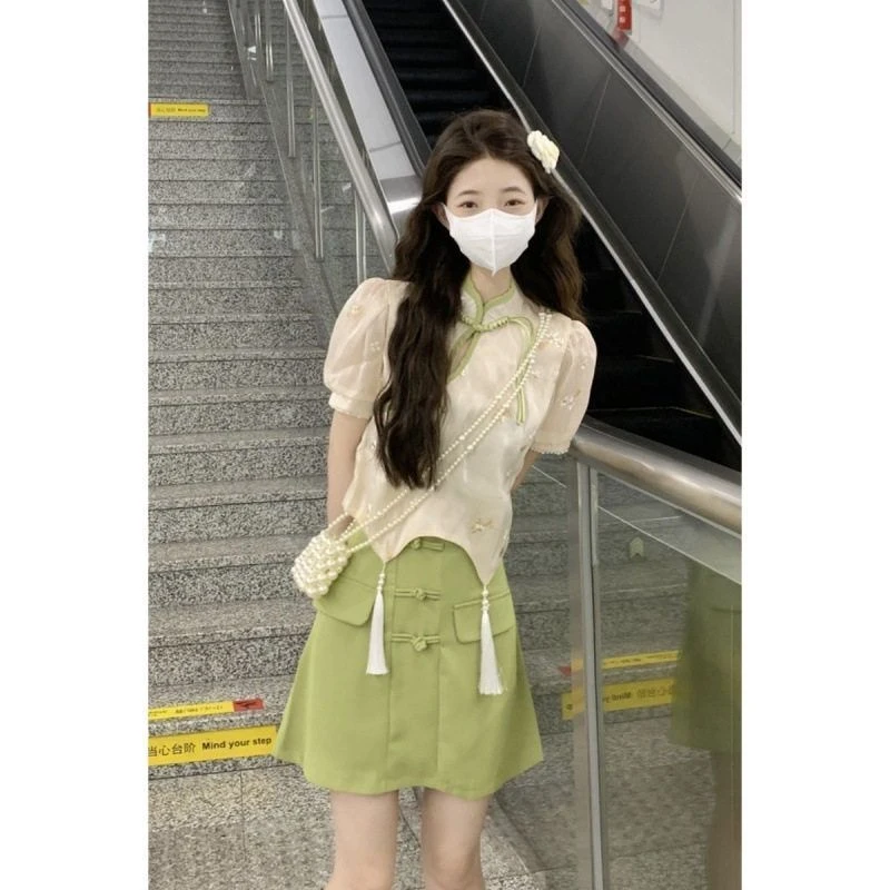 新款改良国风旗袍盘扣流苏不规则上衣半身裙两件套夏季时尚女套