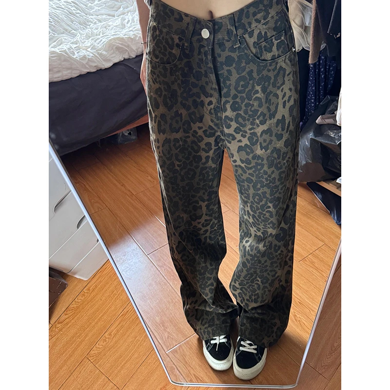 大码美式vibe高街豹纹牛仔裤女春季美拉德复古水洗直筒宽松阔腿裤