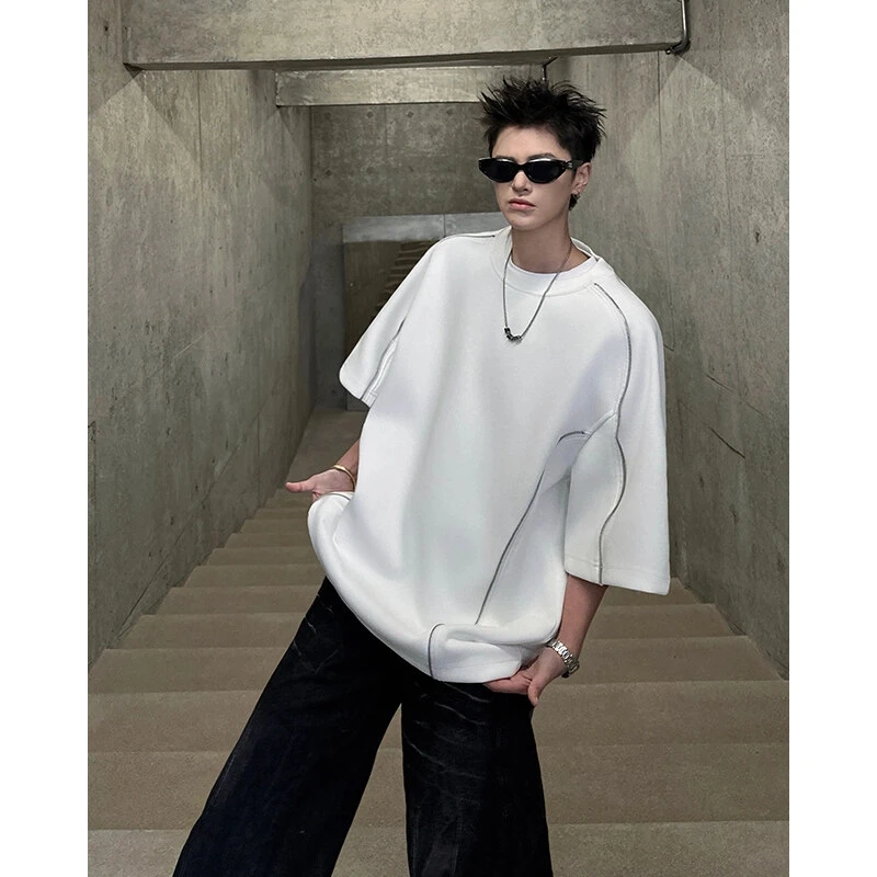 黑色美式高街拉链t恤男款设计高级感重磅短袖cleanfit痞帅半截袖