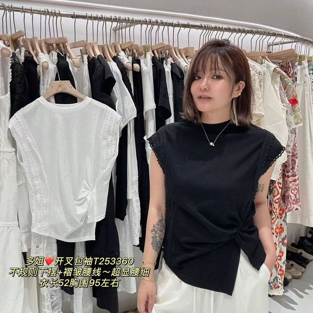 【多姐自卖】开叉包袖T恤253360~显腰细！欧货蕾丝短袖T恤体恤上衣