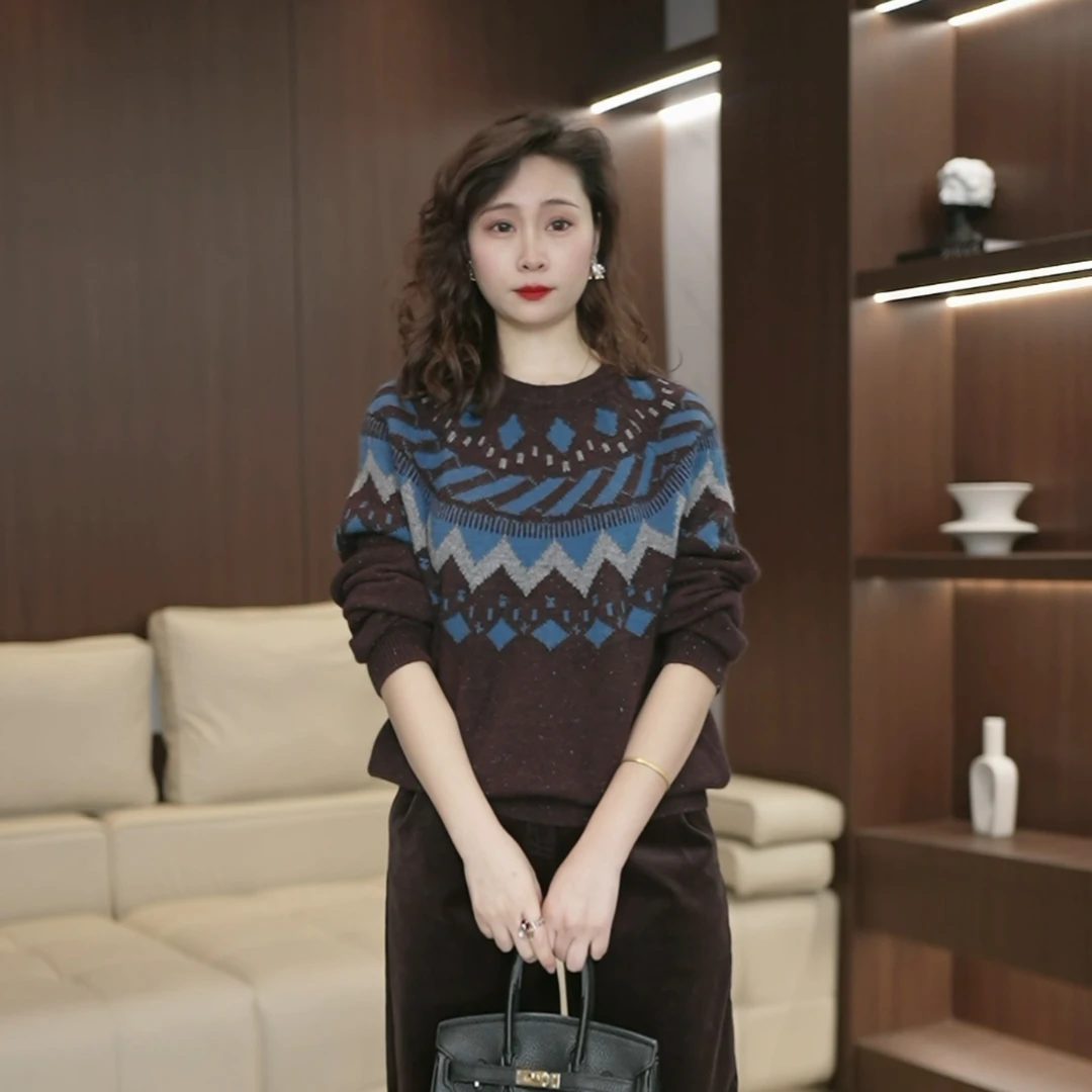 复古几何图形慵懒费尔岛插肩袖保暖厚实花线绵羊毛针织衫女3848