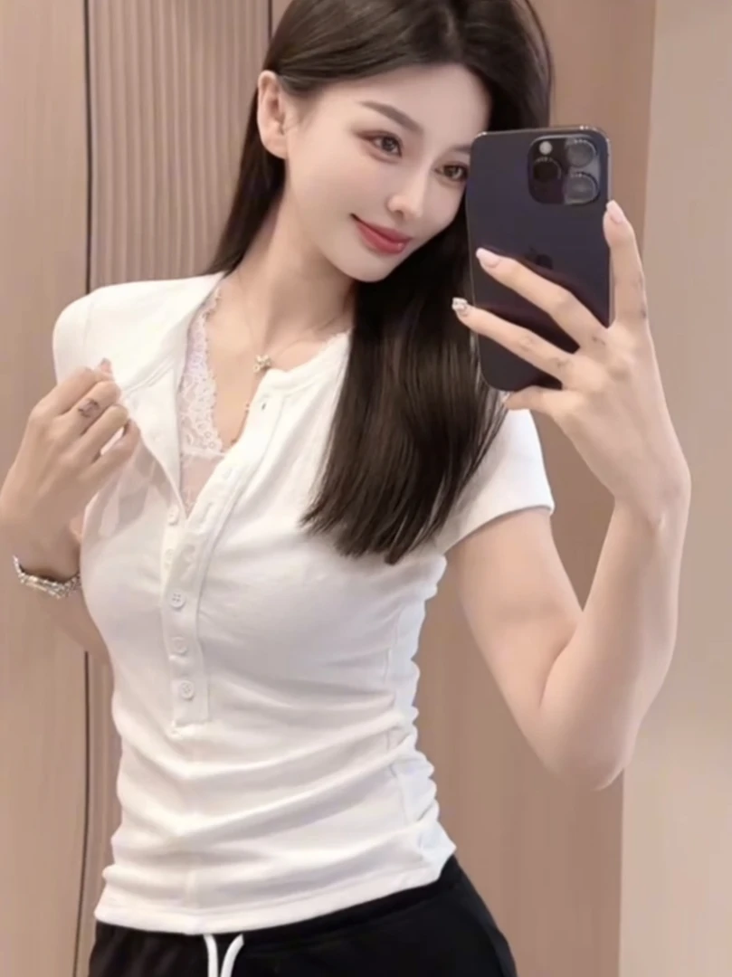 夏季2025新款单排扣正肩短袖T恤女韩系时尚休闲修身显瘦百搭上衣