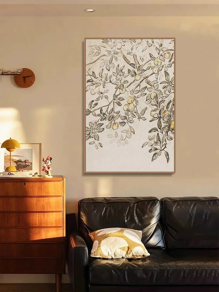 中古线条苹果树装饰画玄关斗柜高级感新中式卧室挂画沙发背景墙画