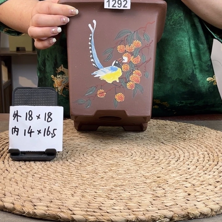 紫砂花盆 紫泥荔枝手绘四方1292