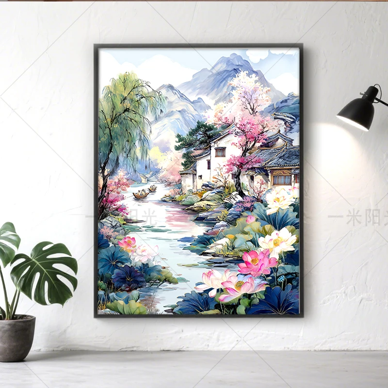 【新疆长绒棉双纱棉】7286山水花乡十字绣 中式风景客厅画 43种绣线