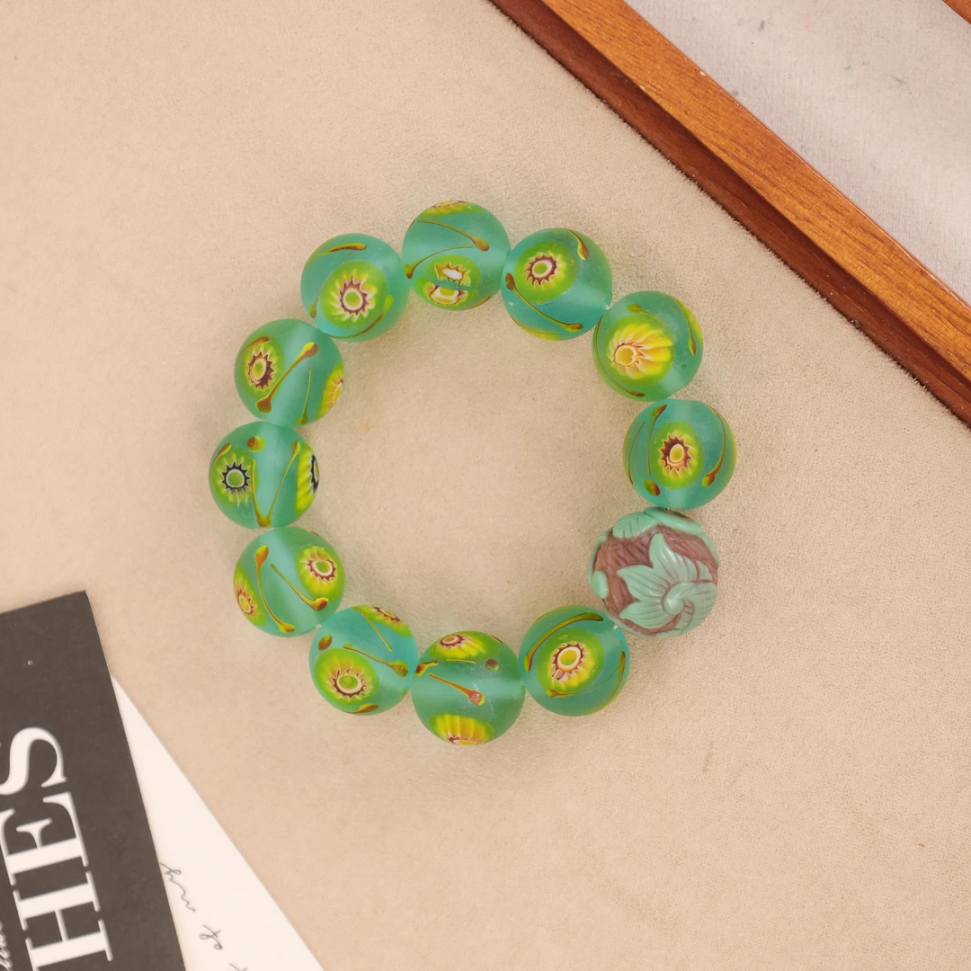 合金手链 LZ2624 绿咖色雕刻珠黄绿凤眼琉璃手链 雕刻图案随机