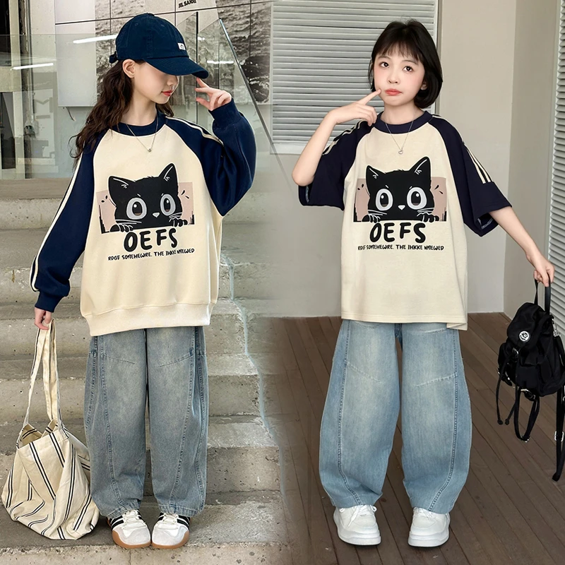 女童春秋装套装洋气中大童女孩宽松休闲卡通T恤牛仔裤两件套潮