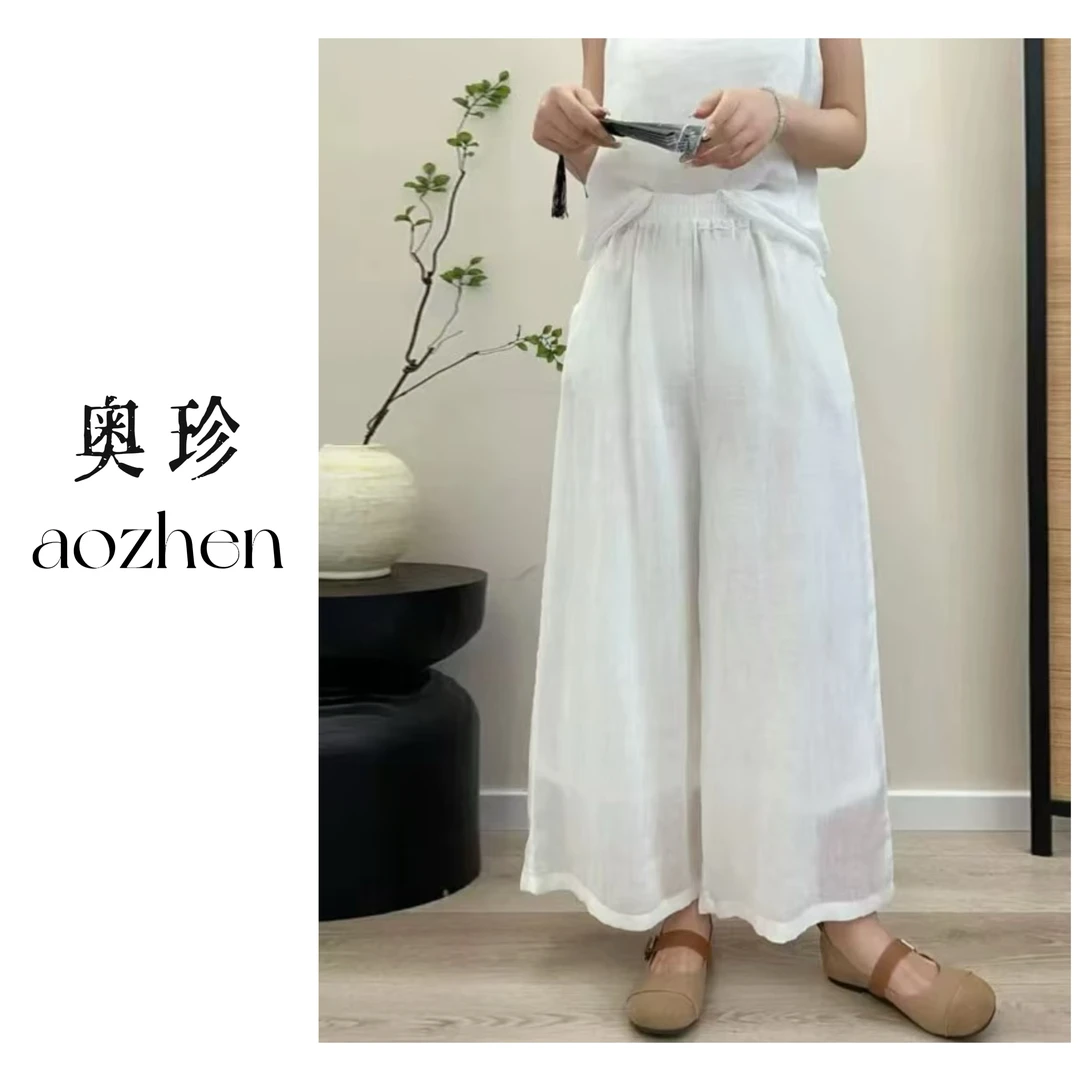 宽松苎麻阔腿裤夏季新款薄款九分裤休闲弹力松紧腰