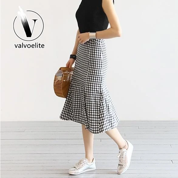 VALVOELITE夏季新款文艺格子鱼尾半裙港味高腰不规则半身裙大码女