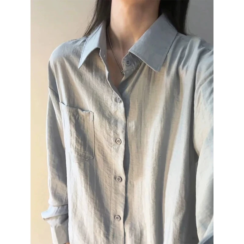 蓝灰色亚麻长袖衬衫男女款秋季穿搭通勤翻领初秋穿搭男士亚麻长袖