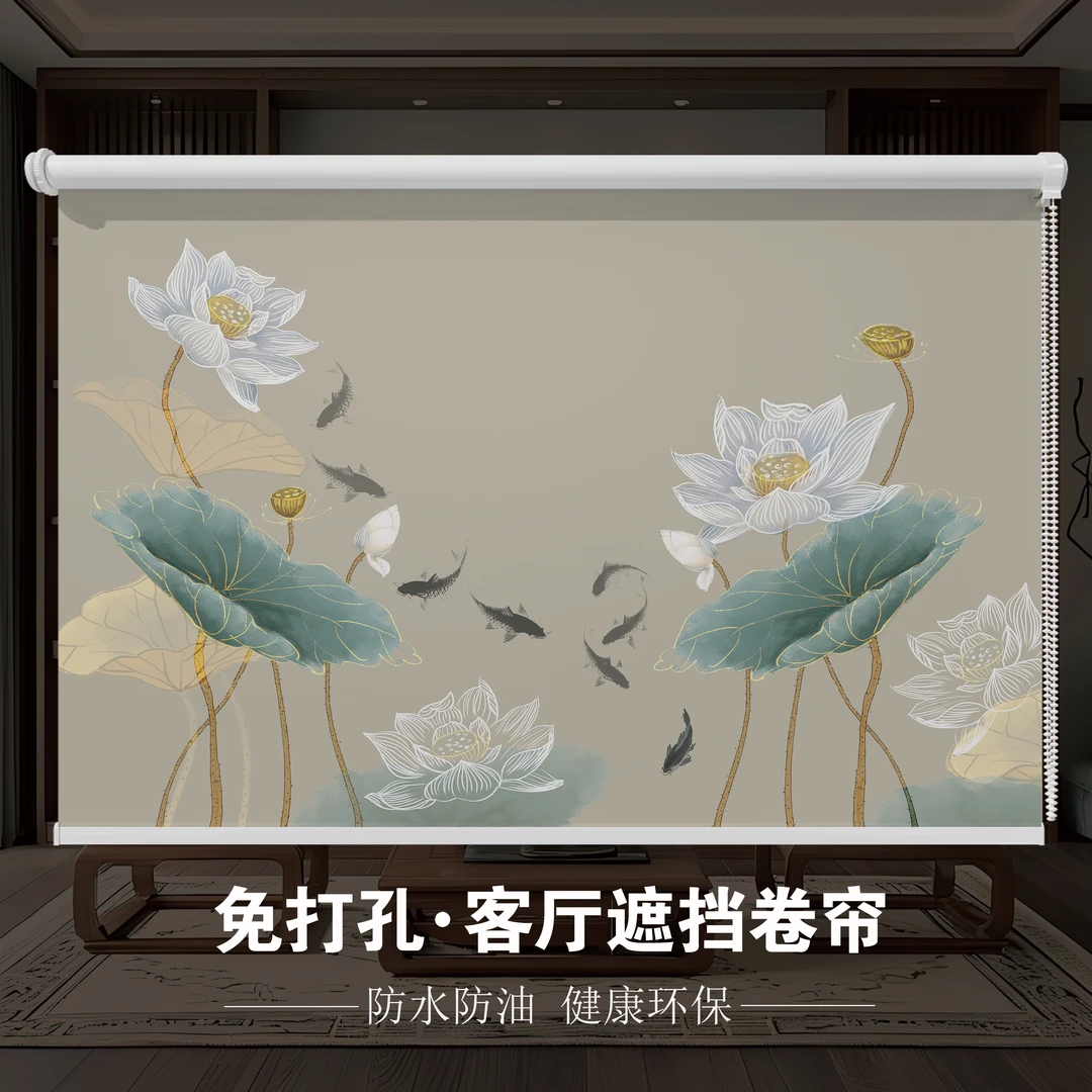 定制办公室卧室客厅花鸟手绘窗帘玄关挂帘升降手拉式安装遮阳卷帘