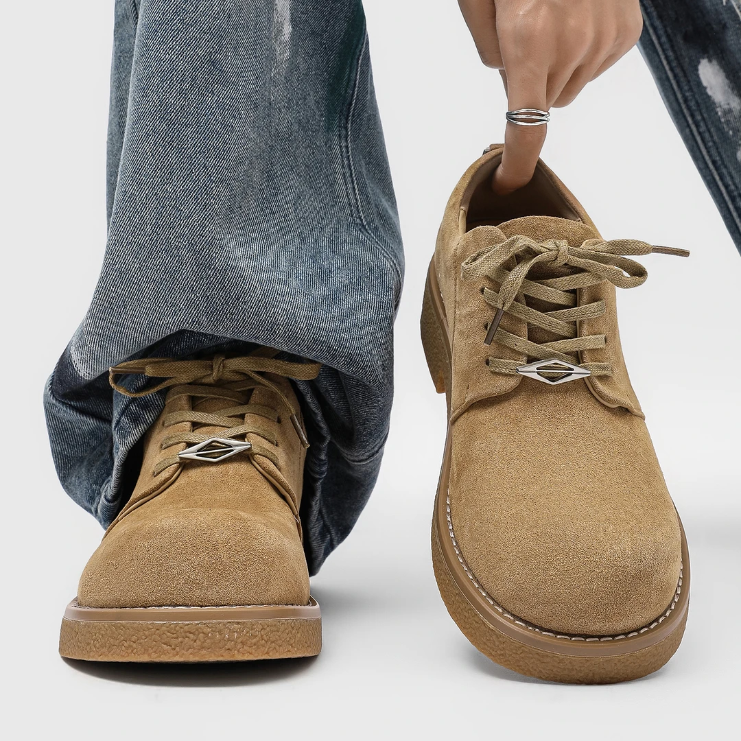 男士外穿德比鞋秋冬季复古休闲皮鞋厚底内增高低帮大黄靴大头鞋子