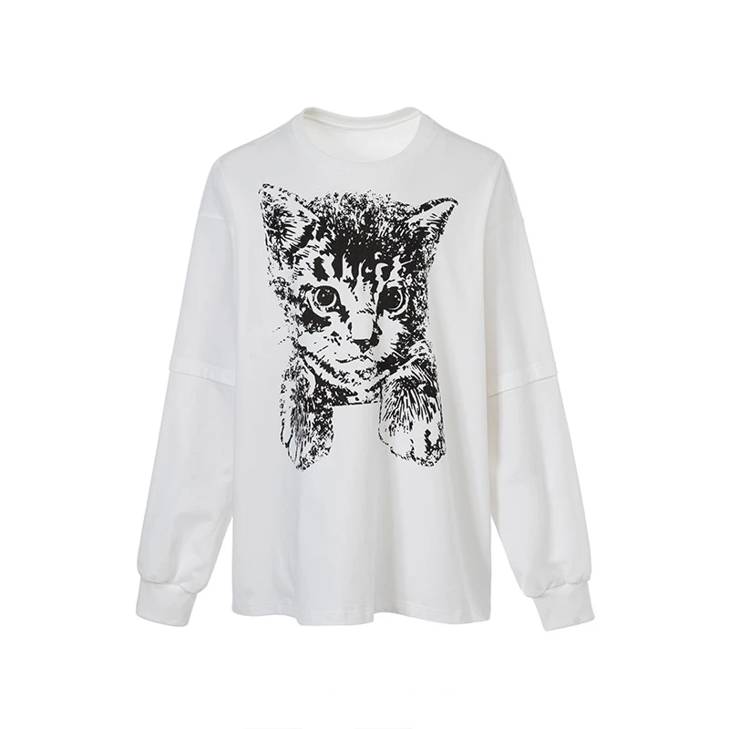 【REFOUND TEN】新品25春夏假两件小猫印花宽松长袖T恤